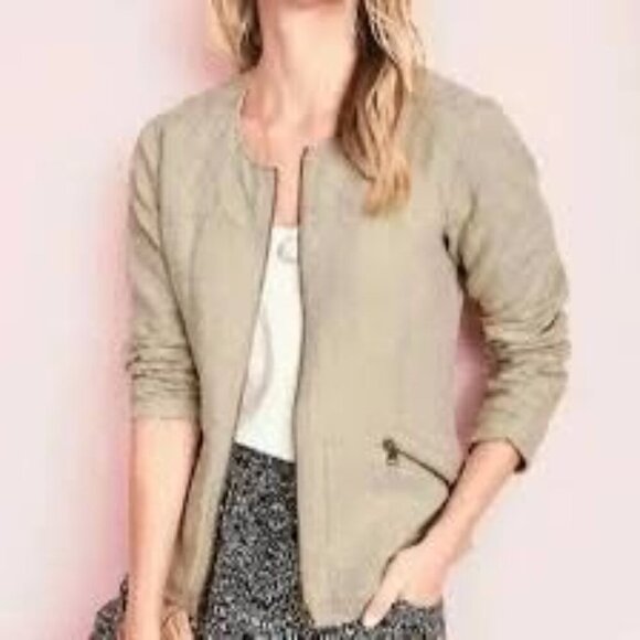 Garnet Hill Womens Everyday Zip Up Quilted Bomber Jacket Size 14 Tan Linen - Picture 2 of 13